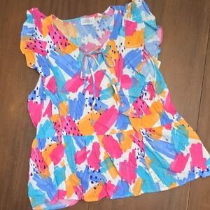 Colorful Brushstroke Tie-Neck Blouse - Multicolor